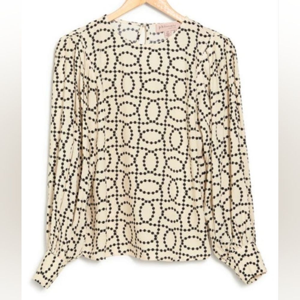 Philosophy Ivory Black Dots Print Puff Balloon Sleeve Crewneck Blouse, Sz S
